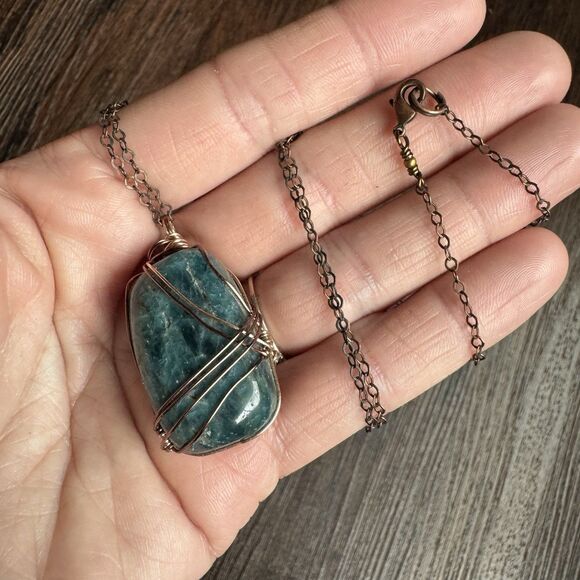 Blue Apatite Wire Wrapped Necklace Tumbled Gemstone Pendant Antiqued Brass - Picture 10 of 12